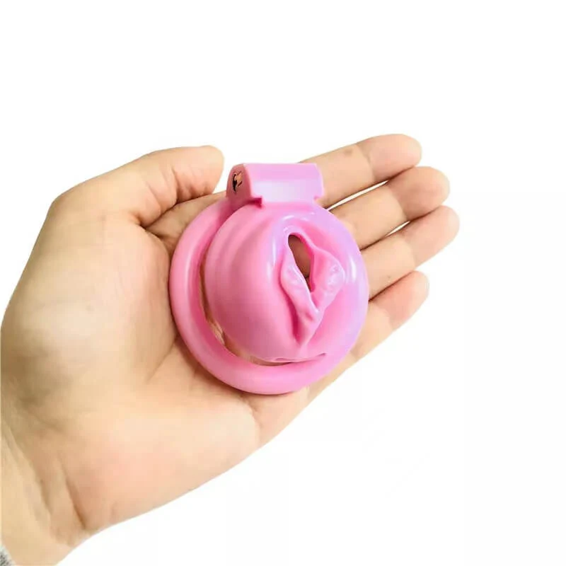Pink Chastity Cage With 4 Rings Pussy Shaped - Image 6